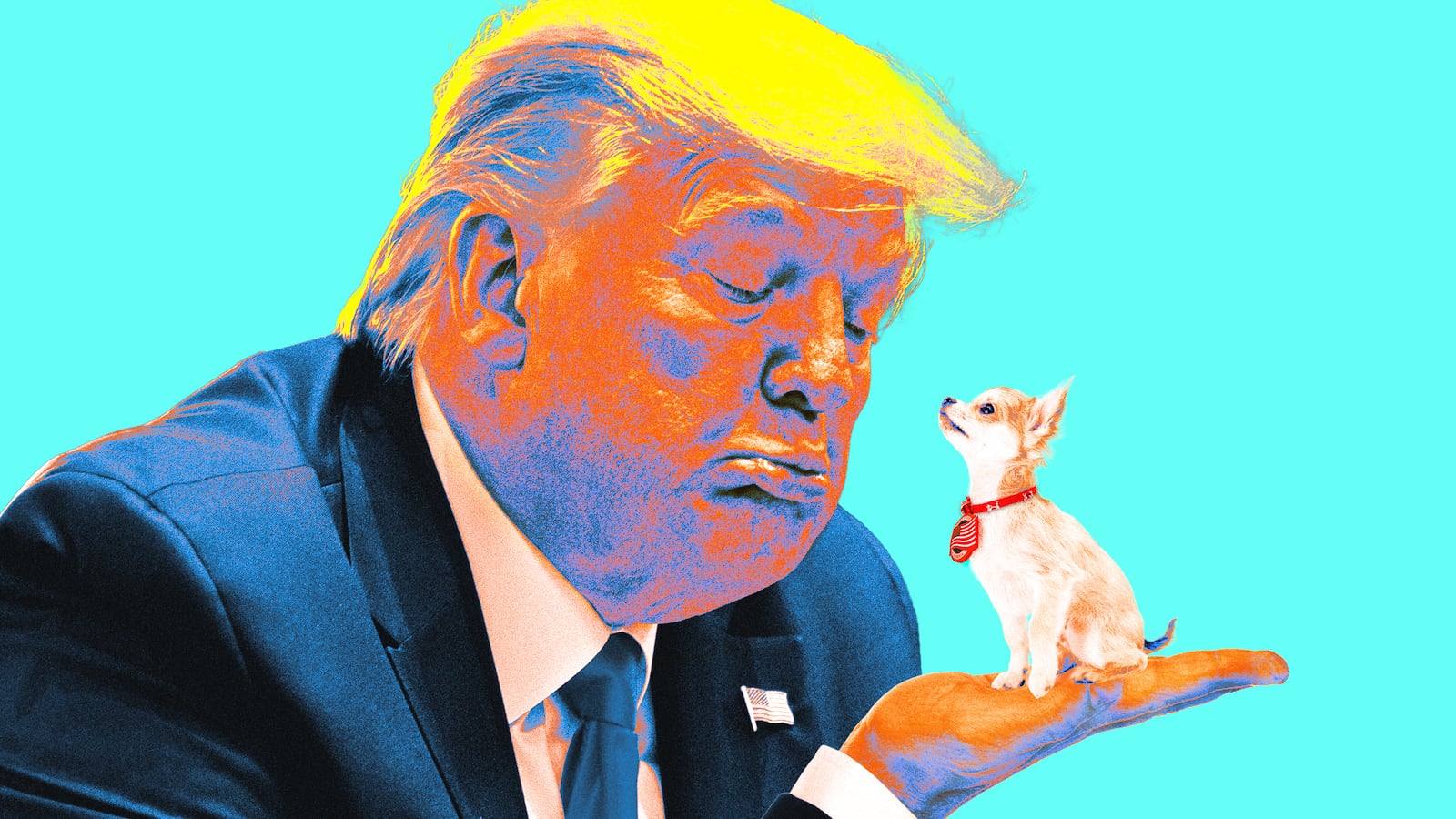 A photo illustration illo of Donald Trump holding a tiny puppy.