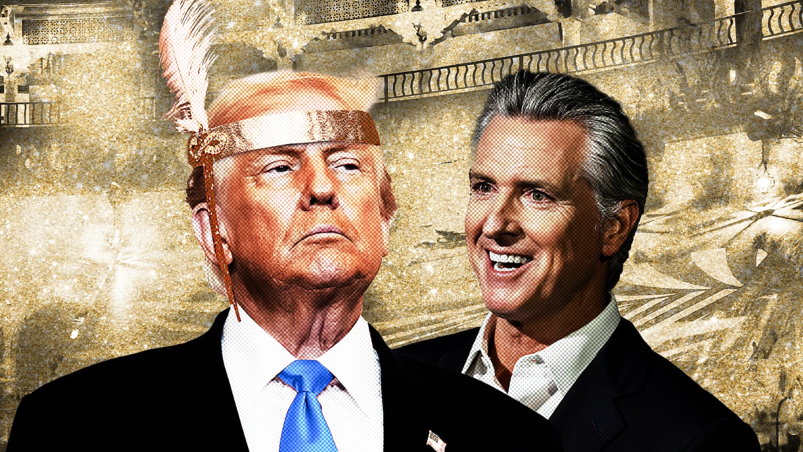 Gavin Newsom, Donald Trump and Trump's Gatsby party.