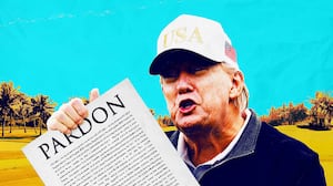 Donald Trump holding a presidential pardon at a golf course.