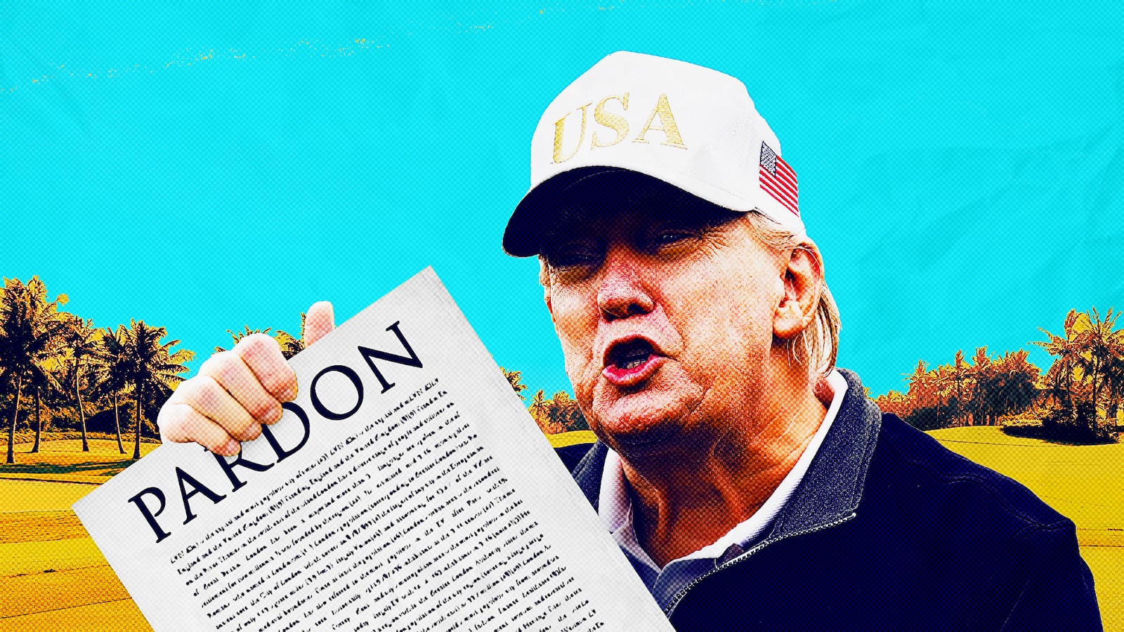 Donald Trump holding a presidential pardon at a golf course.