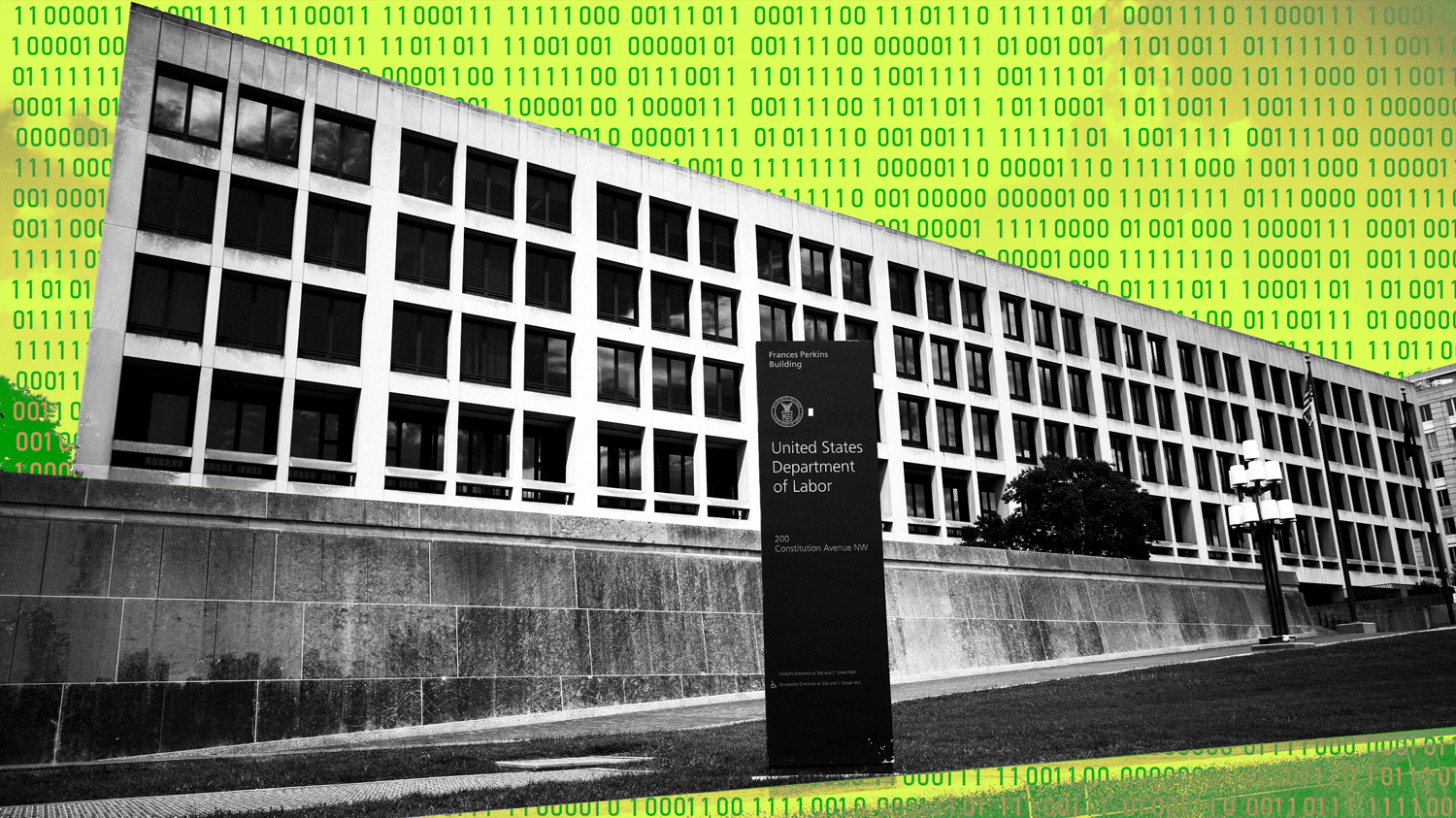 US Department of Labor building with computer binary code flickering in background