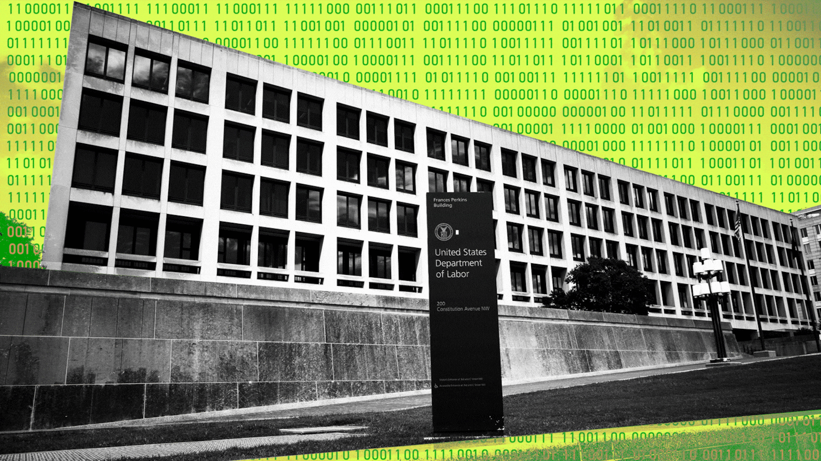 US Department of Labor building with computer binary code flickering in background