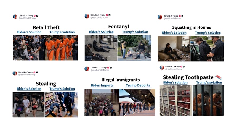 Six side-by-side graphics contrasting “Biden’s solution” to problems against Trump's.