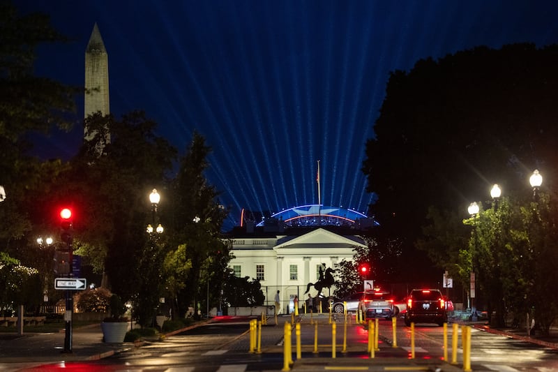 Lights shine from the Ultimate Fighting Championship ring during a test in preparation for the UFC Freedom 250 match on June 11, 2026 in Washington, DC.