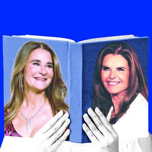 Melinda Gates and Maria Shriver on a book cover held by woman on a blue background