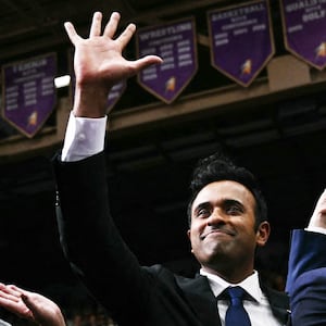 Candidate for Governor of Ohio Vivek Ramaswamy waves to supporters before US President Donald Trump speaks during a campaign rally in Vandalia, Ohio, on October 3, 2026.