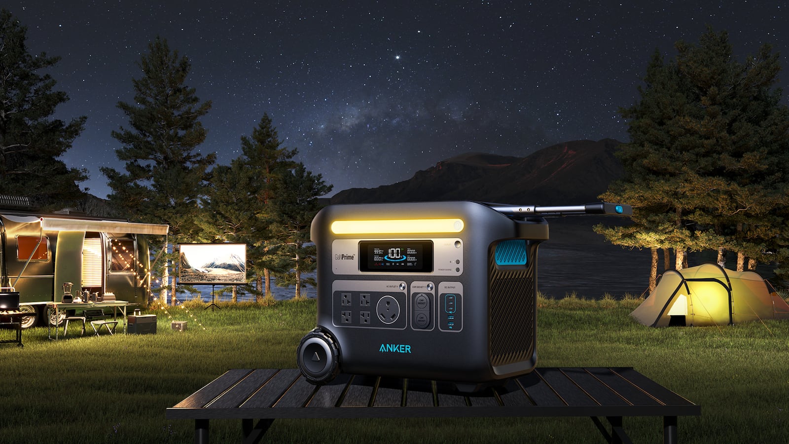 Anker power generator at a campsite during the night.