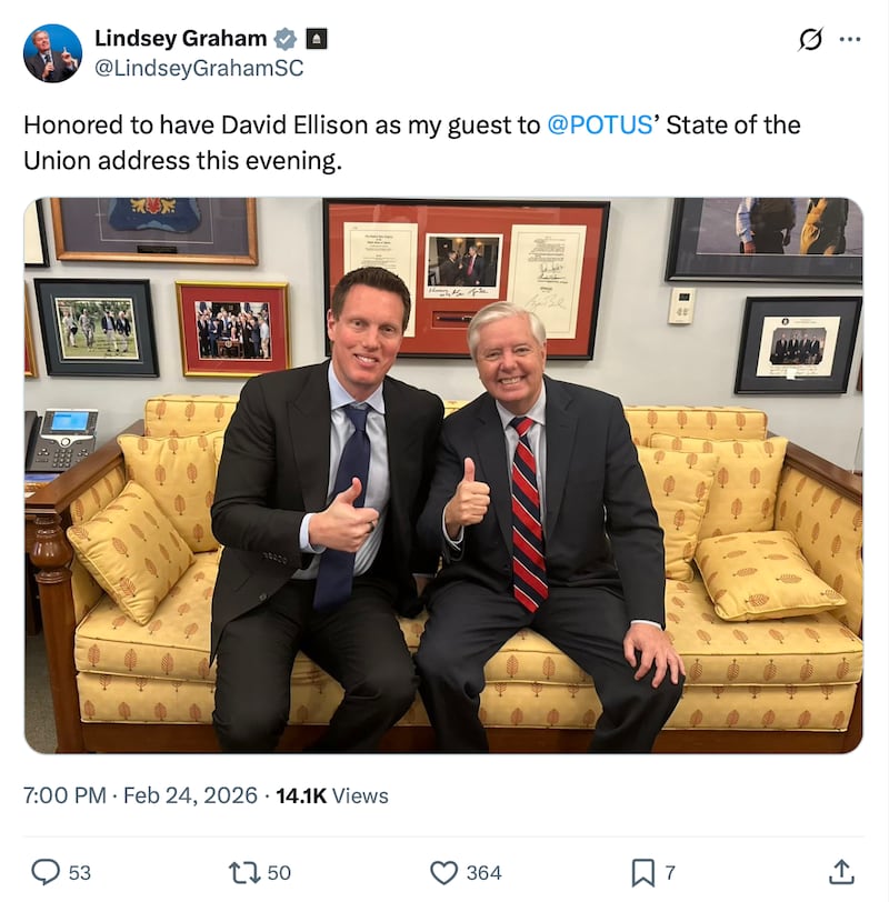 Paramount Skydance CEO David Ellison was Graham's guest at Trump's State of the Union. Paramount is currently trying to outbid Netflix to acquire Warner Bros. Discovery.