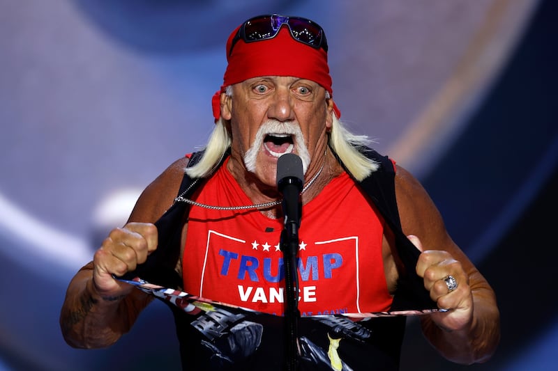 MILWAUKEE, WISCONSIN - JULY 18: Professional entertainer and wrestler Hulk Hogan rips his shirt as he speaks on stage on the fourth day of the Republican National Convention at the Fiserv Forum on July 18, 2024 in Milwaukee, Wisconsin. Delegates, politicians, and the Republican faithful are in Milwaukee for the annual convention, concluding with former President Donald Trump accepting his party's presidential nomination. The RNC takes place from July 15-18. (Photo by Chip Somodevilla/Getty Images)