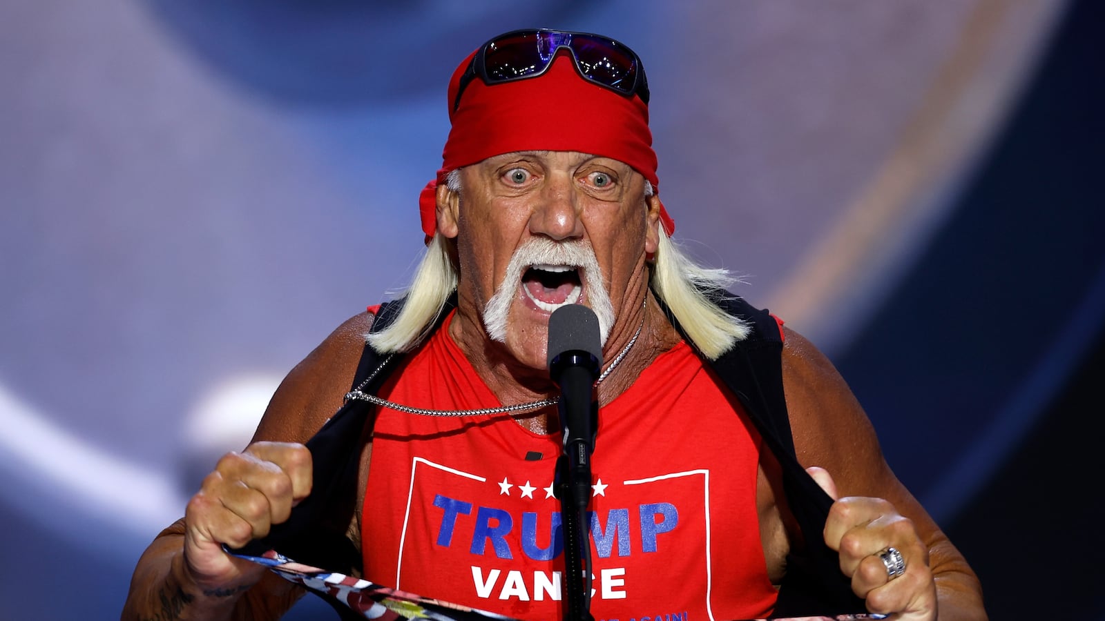 MILWAUKEE, WISCONSIN - JULY 18: Professional entertainer and wrestler Hulk Hogan rips his shirt as he speaks on stage on the fourth day of the Republican National Convention at the Fiserv Forum on July 18, 2024 in Milwaukee, Wisconsin. Delegates, politicians, and the Republican faithful are in Milwaukee for the annual convention, concluding with former President Donald Trump accepting his party's presidential nomination. The RNC takes place from July 15-18. (Photo by Chip Somodevilla/Getty Images)