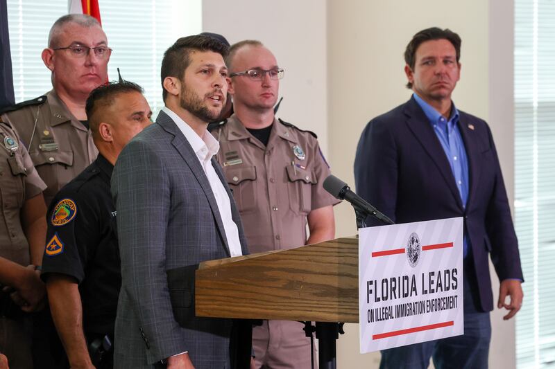 Florida Attorney General James Uthmeier speaks during a news conference held by Gov. Ron DeSantis