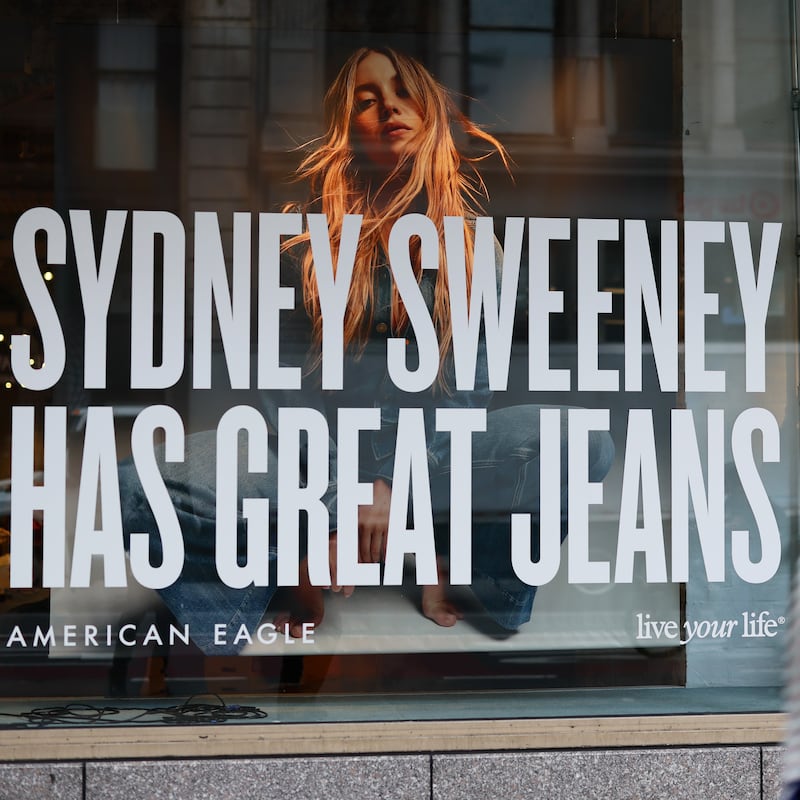 An ad of Sydney Sweeney is seen on a window of an American Eagle store on August 01, 2025 in New York City.