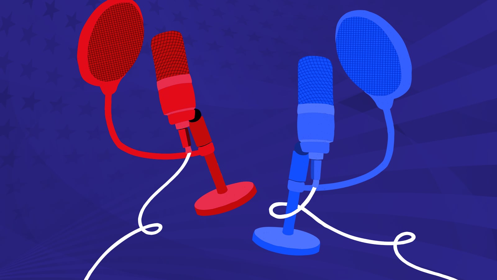Illustration of a red podcast microphone and a blue podcast microphone placed in front of a blue American flag pattern