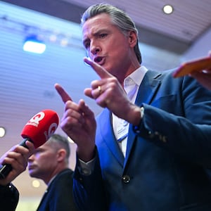 US' Governor Of california Gavin Newsom speaks to the press on the sidelines of the World Economic Forum (WEF) annual meeting in Davos on January 20, 2026. The World Economic Forum takes place in Davos from January 19 to January 23, 2026. (Photo by Fabrice COFFRINI / AFP via Getty Images)