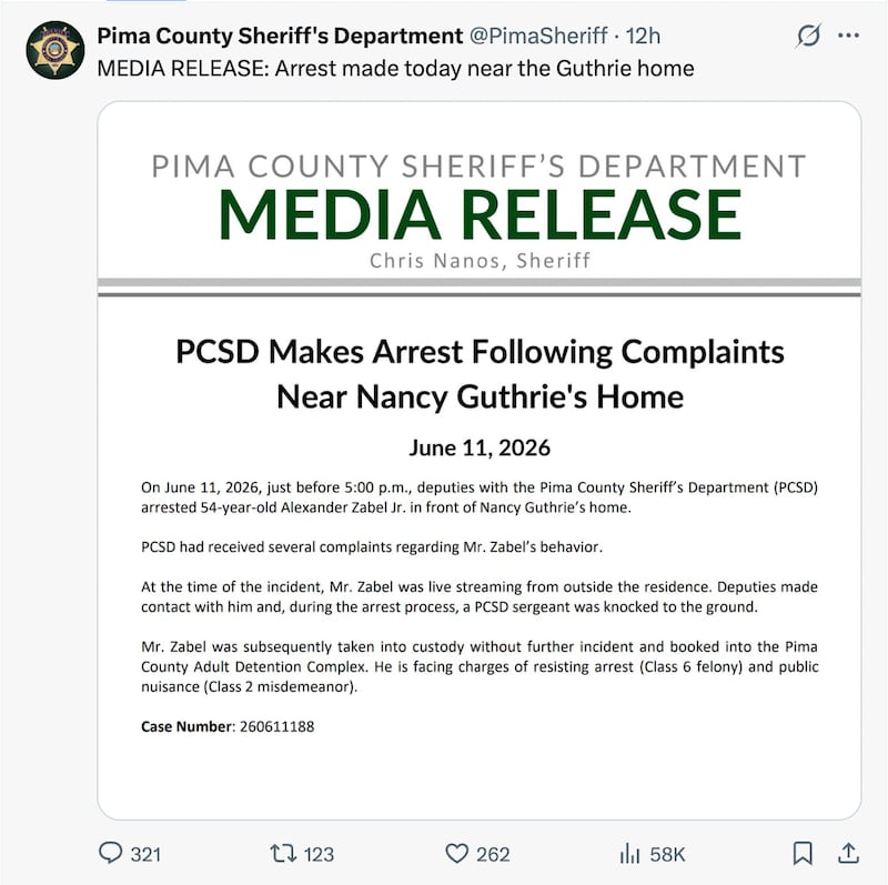 Pima County Sheriff's Office statement on Alexander Zabel Jr.'s arrest.
