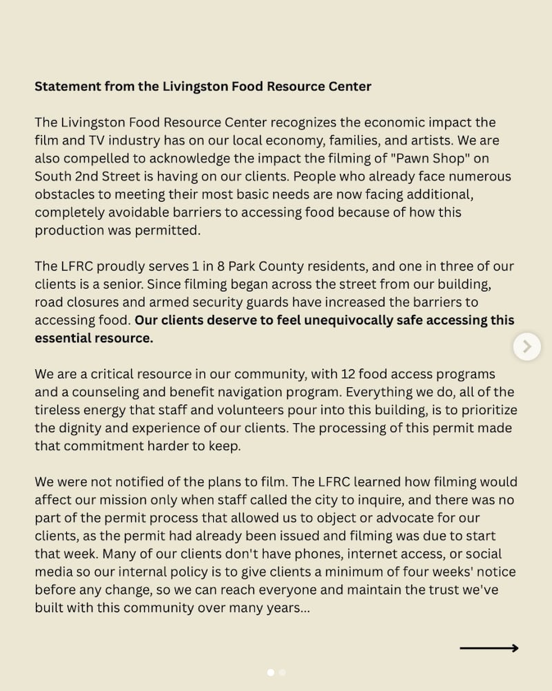 The Livingston Food Resource Center said the film’s production is preventing people from accessing necessary resources.