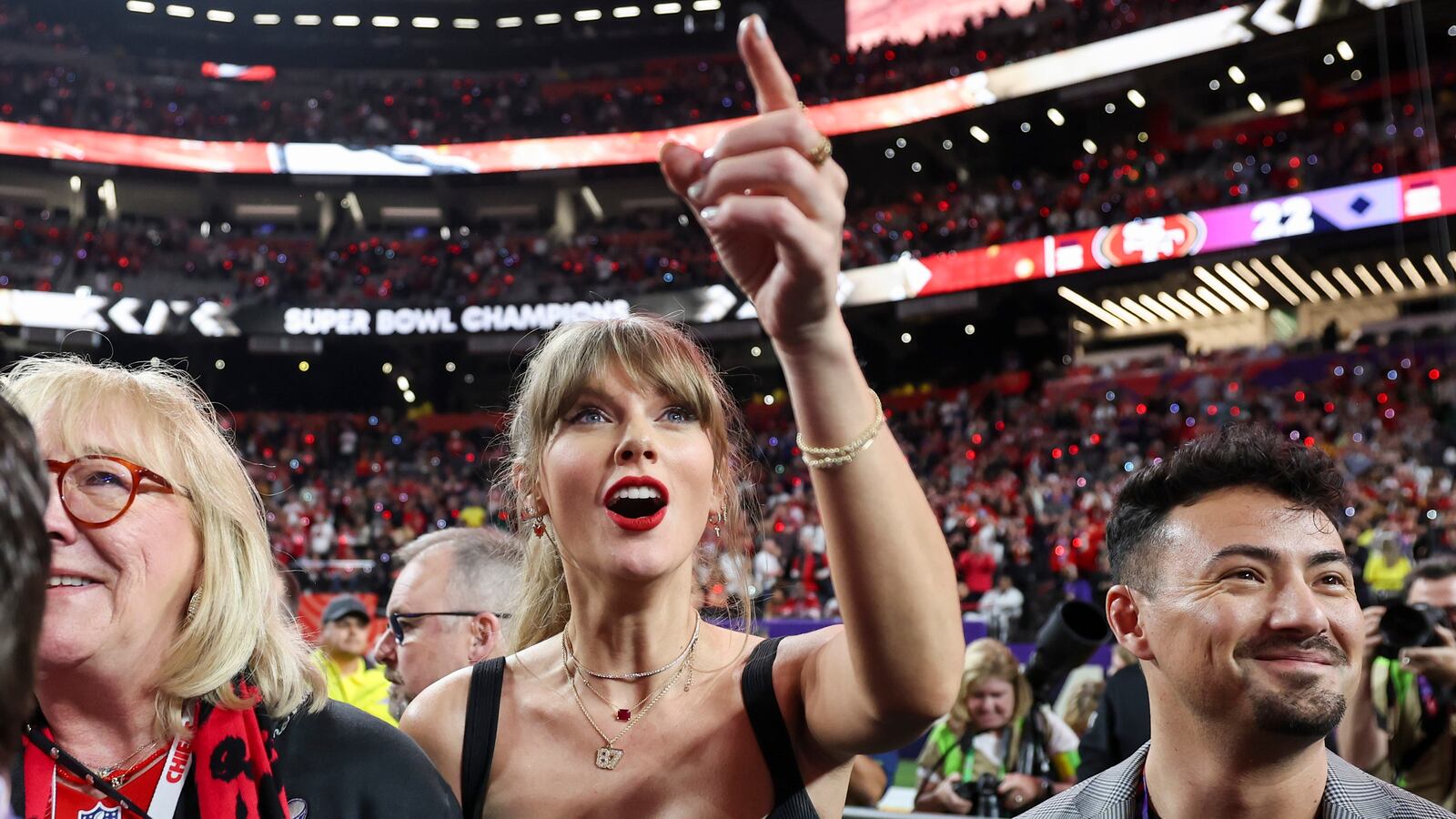 Donna Kelce and Taylor Swift celebrate after Super Bowl LVIII.
