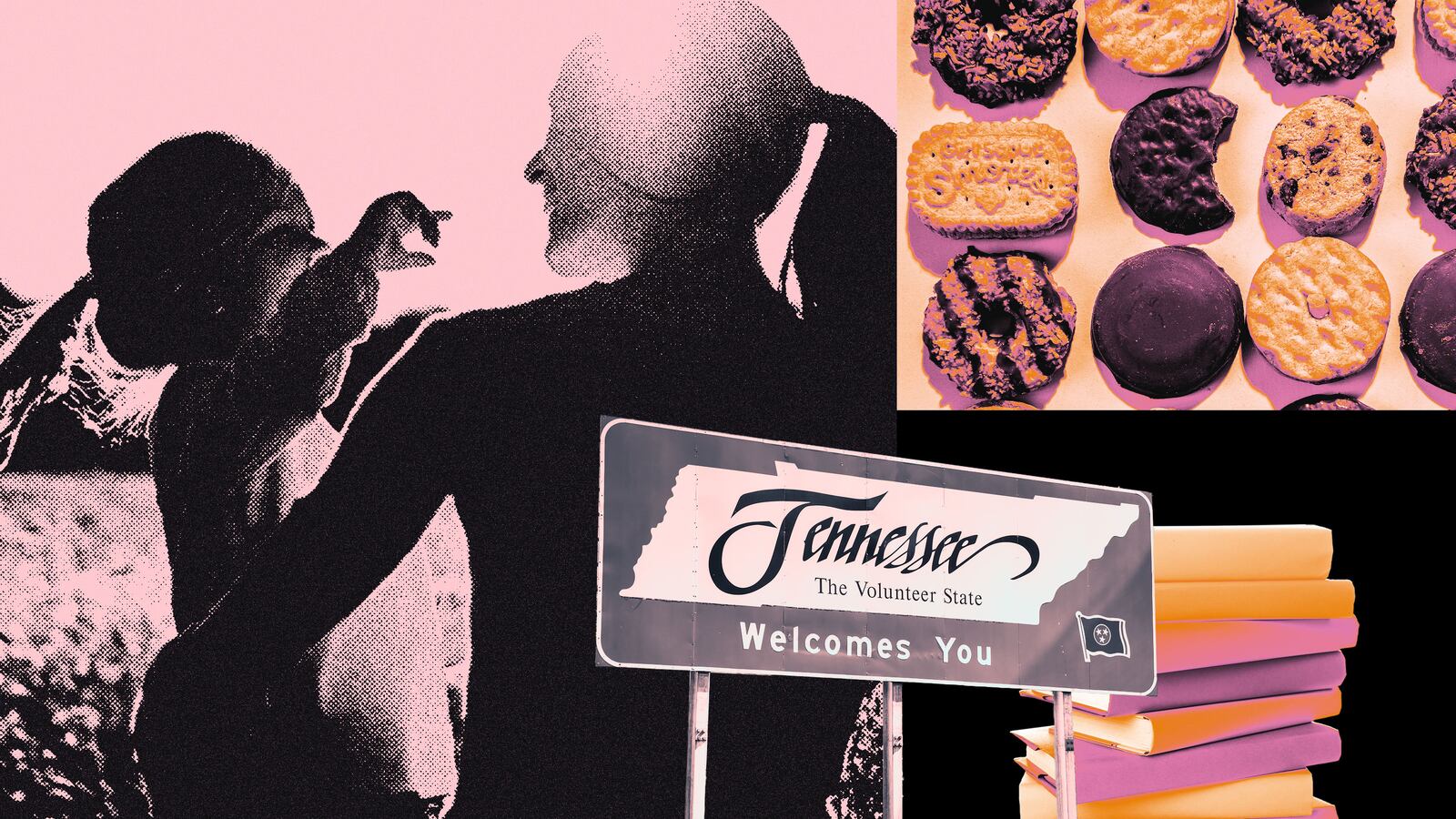 A photo illustration of a mother holding her child with girl scout cookies and books around them. A welcome to Tennessee sign is overlayed on top.