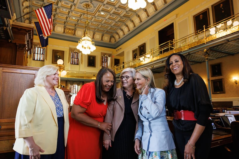 South Carolina State Senators (from left to right) Penry Gustafson, Margie Bright Matthews, Katrina Shealy, Sandy Senn, and Mia McCleod, pictured on the floor inside South Carolina State House on May 11, 2023, became known as the "sister senators" for their successful fight to block a near-total abortion ban in the state in 2023.
