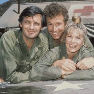 Alan Alda, as Captain Benjamin Hawkeye Pierce, Wayne Rogers, as Captain Trapper John McIntyre, and Loretta Swit, as Major Margaret Houlihan.