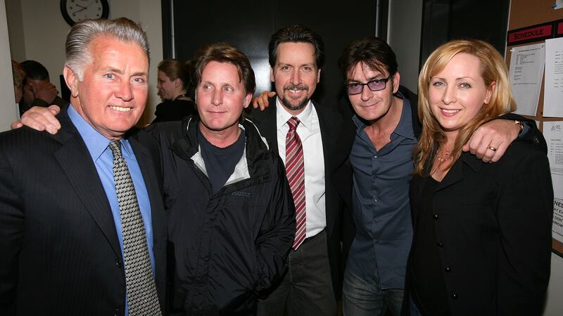 LOS ANGELES, CA - FEBRUARY 21: (L-R) Cast member Martin Sheen poses with his family Emilio Estevez, Ramon Estevez, Charlie Sheen and Renee Estevez backstage after the opening night performance of "The Subject Was Roses" at the Center Theatre Group's Mark Taper Forum on February 21, 2010 in Los Angeles, California.