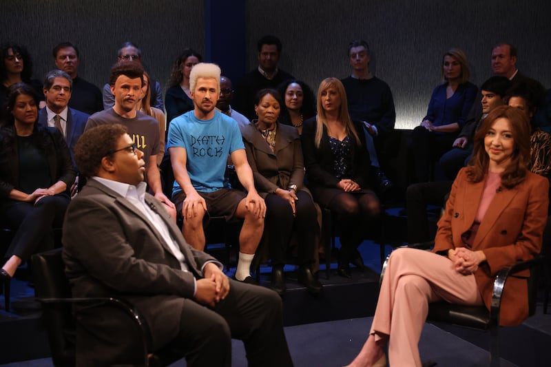 Kenan Thompson as Professor Norman Hemming, Mikey Day as Dean, host Ryan Gosling as Jeff, and Heidi Gardner as Bobbi Moore during the "Beavis and Butt-Head" sketch on Saturday, April 13, 2024
