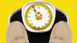 illustration of an old person stepping on a scale with a measuring tape, gold flourish, and glp-1 shot rotating