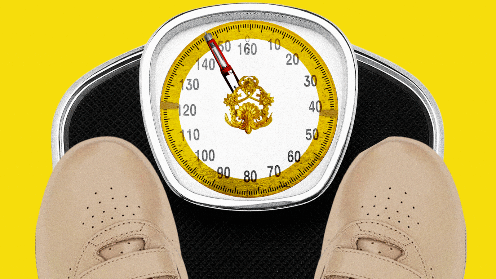 illustration of an old person stepping on a scale with a measuring tape, gold flourish, and glp-1 shot rotating