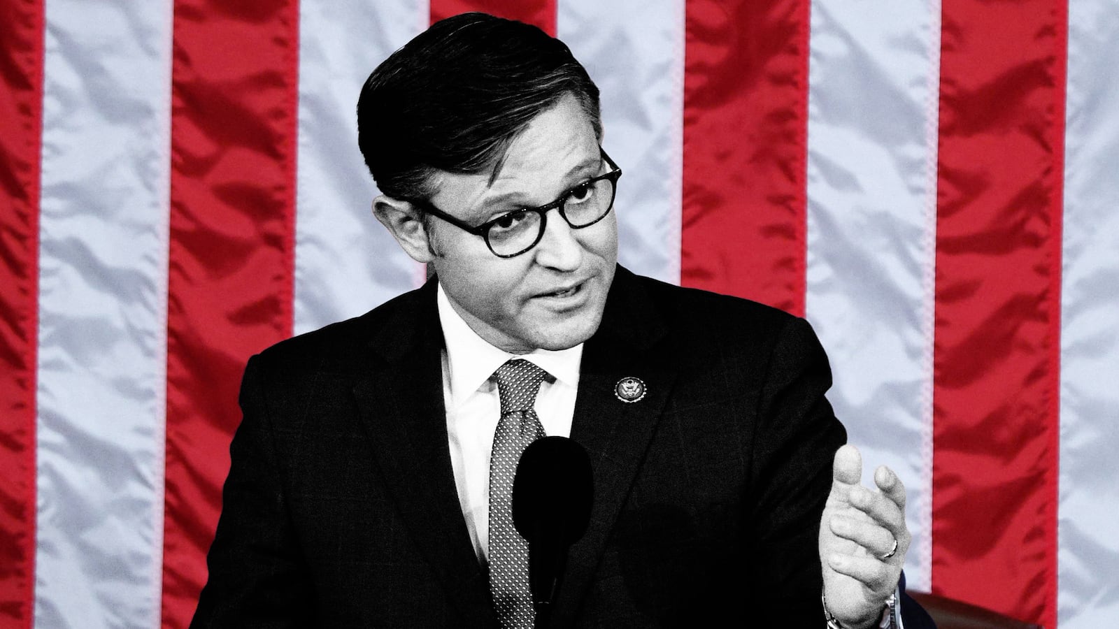 An illustration including a photo of Mike Johnson, Speaker of the United States House of Representatives