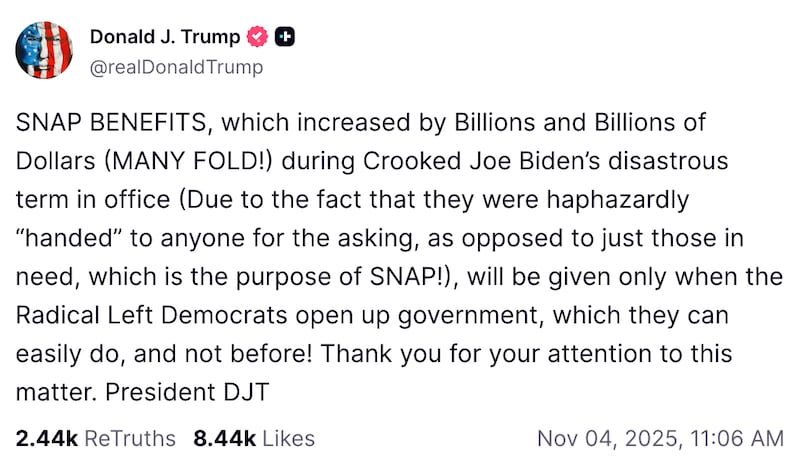 Donald Trump's Truth Social post on SNAP benefits.