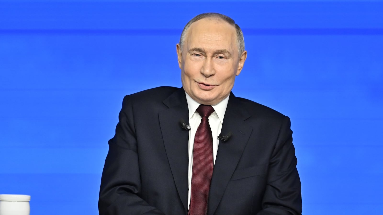 MOSCOW, RUSSIA - DECEMBER 19: Russia's President Vladimir Putin attends annual special televised question-and-answer session and year-end news conference scheduled to take place at the Gostiny Dvor in Moscow, Russia, on December 19, 2025. (Photo by Sefa Karacan/Anadolu via Getty Images)