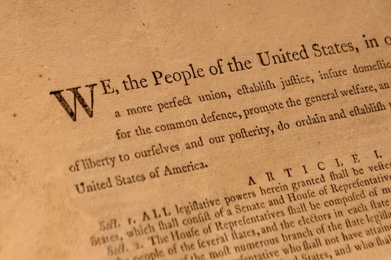 NEW YORK, NEW YORK - SEPTEMBER 17: A close up of the First Printing of the Final Text of the United States Constitution is on display during a press preview at Sotheby's on September 17, 2021 in New York City. This one of 11 known copies of the official printing produced for the delegates to Constitutional Convention and for the Continental Congress. This is the only one that has remained in private hands.