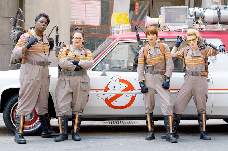 (L-R): Leslie Jones, Melissa McCarthy, Kristin Wiig, and Kate McKinnon in the 2016 remake of "Ghostbusters."