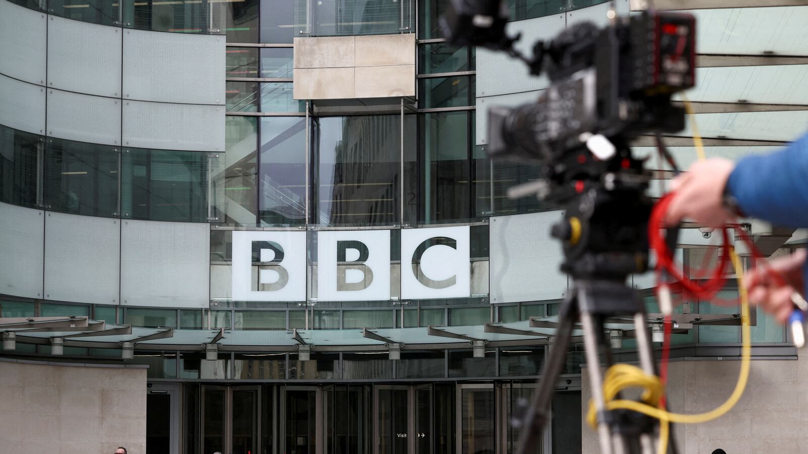 A camera is seen outside the British Broadcasting Corporation (BBC) headquarters in London, Britain, March 13, 2023.