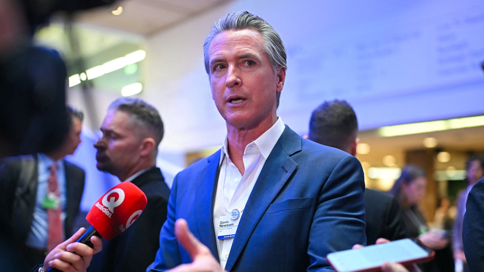 Gavin Newsom speaks to the press on the sidelines of the World Economic Forum (WEF) annual meeting in Davos on January 20, 2026.