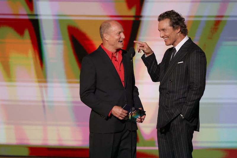 Woody Harrelson and Matthew McConaughey speak during the 78th Primetime Emmy Awards in Los Angeles, California, U.S., September 14, 2026. REUTERS/Mario Anzuoni