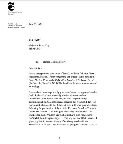 New York Times Slaps Down Trump Threat to Sue Over Iran Leak