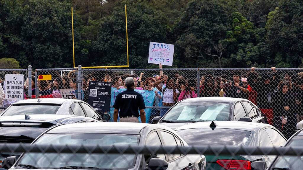 Monarch High School students conduct a walkout on Nov. 28, 2023, after the principal and others were reassigned over a female transgender student being allowed to play volleyball on the girls’ team at the school in Coconut Creek, Florida.