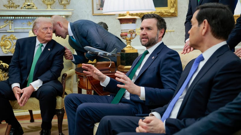 U.S. President Donald Trump, Vice President JD Vance and Secretary of State Marco Rubio take part in a meeting with Irish Taoiseach (Prime Minister) Micheal Martin at the White House in Washington, D.C., U.S., March 17, 2026. REUTERS/Evan Vucci