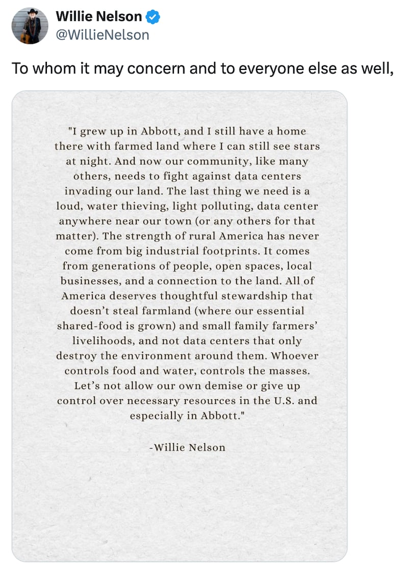 Willie Nelson speaks out about data centers.