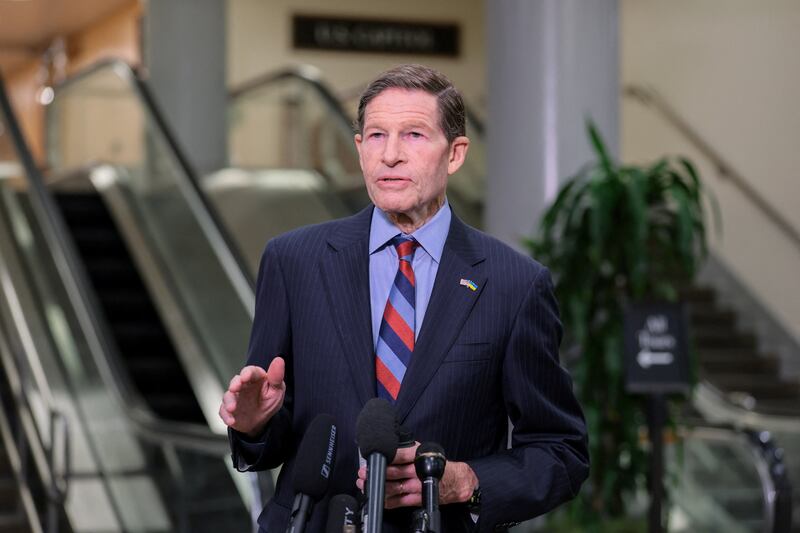 U.S. Senator Richard Blumenthal (D-CT) speaks to reporters, on the day of classified briefings for the Senate Armed Services Committee on Operation Epic Fury and the situation in Iran, on Capitol Hill in Washington, D.C., U.S., March 10, 2026. REUTERS/Kylie Cooper