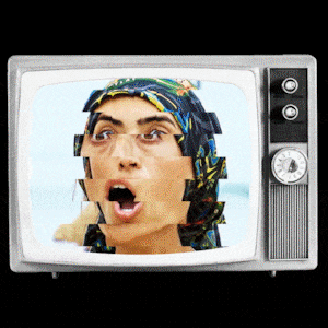 Photo illustrative gif of a tv glitching between a still of Savannah from season 49 of Survivor and a smiling Donald Trump