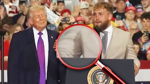 A photo illustration of a magnifying glass on Jake Paul's sweat stains while on stage with Donald Trump in Kentucky.