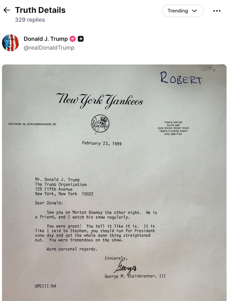 The president posted his shoutout from George M. Steinbrenner, a convicted felon.