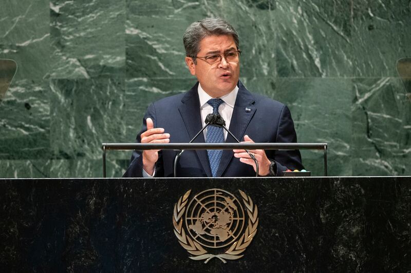 NEW YORK, NEW YORK - SEPTEMBER 22: Honduran President Juan Orlando Hernandez Alvarado addresses the United Nations General Assembly on September 22, 2021 in New York City. More than 100 heads of state or government are attending the session in person, although the size of delegations are smaller due to the Covid-19 pandemic. (Photo by Eduardo Munoz - Pool/Getty Images)
