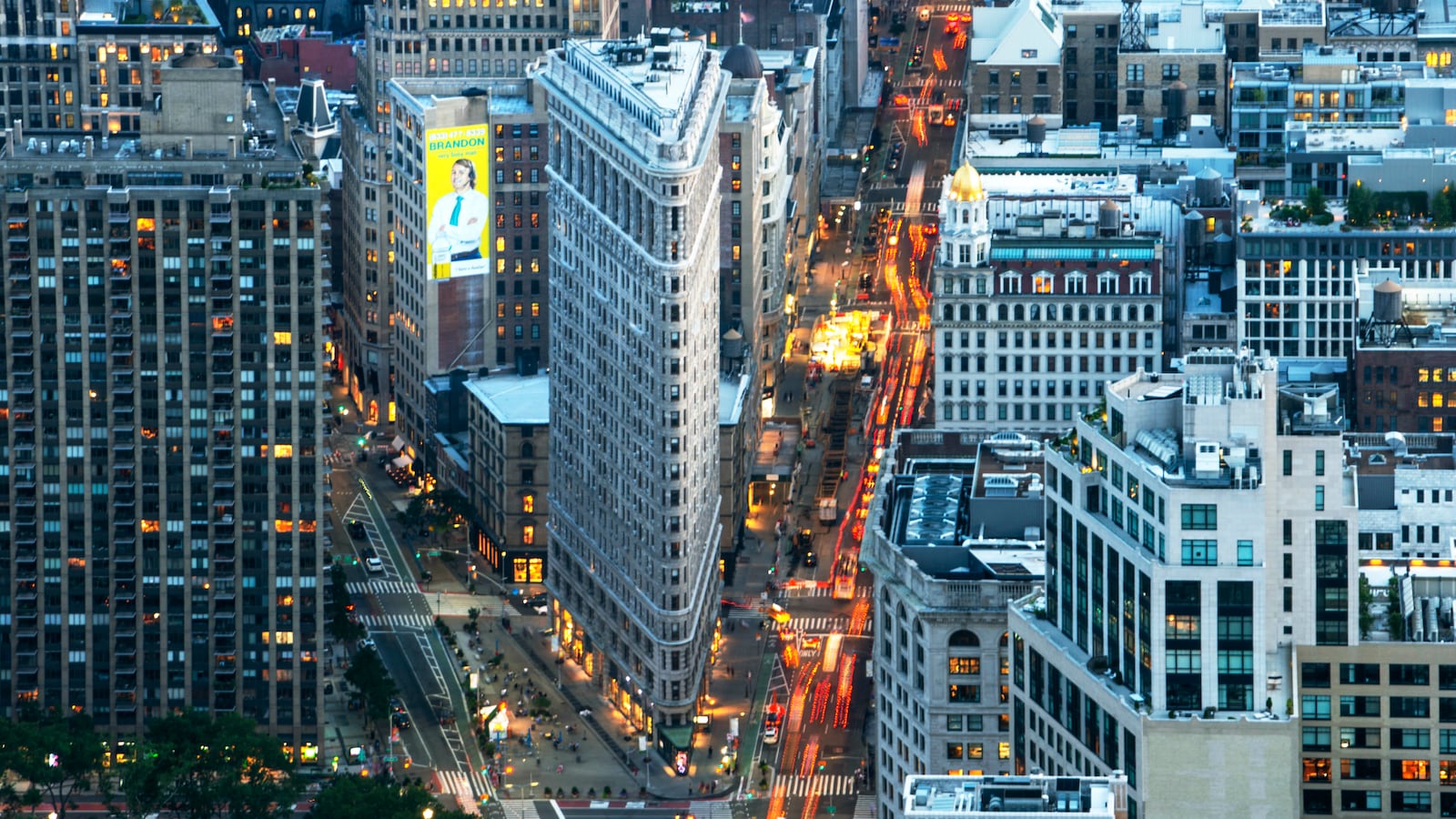 Aerial Views of Flatiron building and Flatiron district from Empire State building New York.