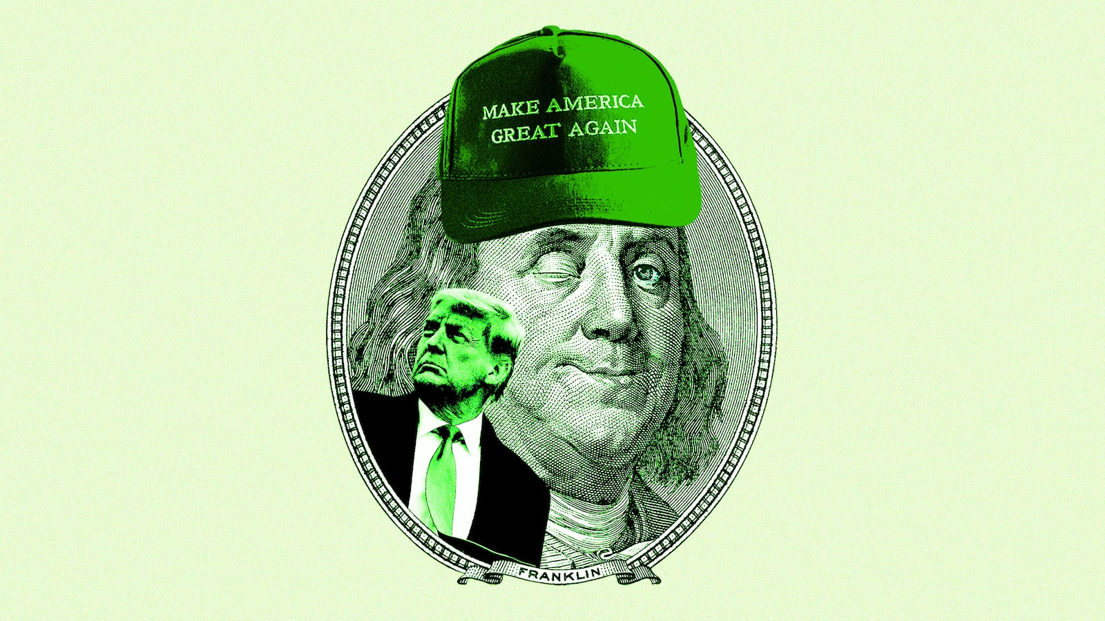 An illustration including photos of former U.S President Donald Trump, Benjamin Franklin, and a MAGA hat