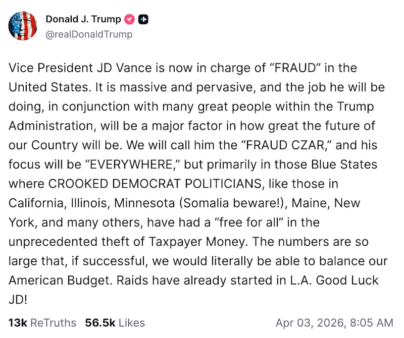 President Donald Trump’s announcement that Vice President JD Vance will be the new “Fraud Czar.”