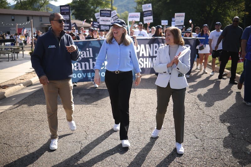 Virginia Democratic gubernatorial candidate, former Rep. Abigail Spanberger with Democratic Nominee for Lieutenant Governor, Senator Ghazala Hashmi and and Democratic Nominee for Attorney General Jay Jones on September 01, 2025.