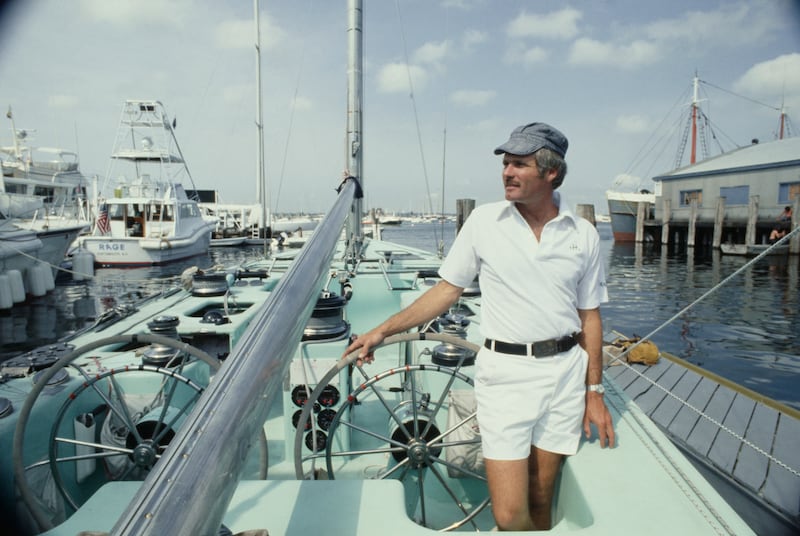 American entertainer Ted Turner aboard his yacht 'Courageous' in dock at Newport, Rhode Island, August 31st 1977. (Photo by UPI/Bettmann Archive/Getty Images)